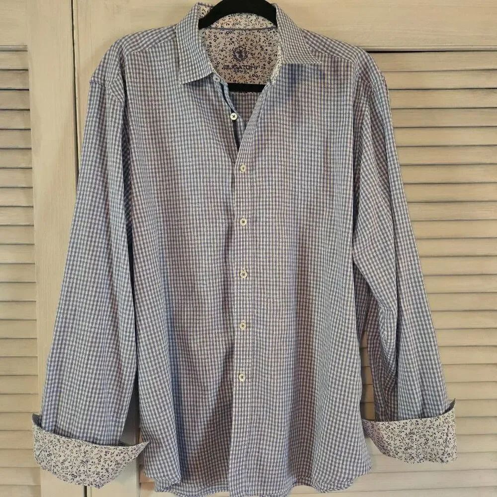 Bugatchi Blue White Check Long Sleeve Button Up Shirt XL